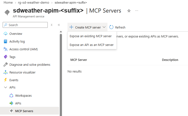 APIM: Create MCP server menu with the Expose an API as an MCP server option