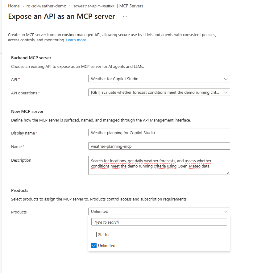 Expose an API as an MCP server form: API, operations, name, description and product
