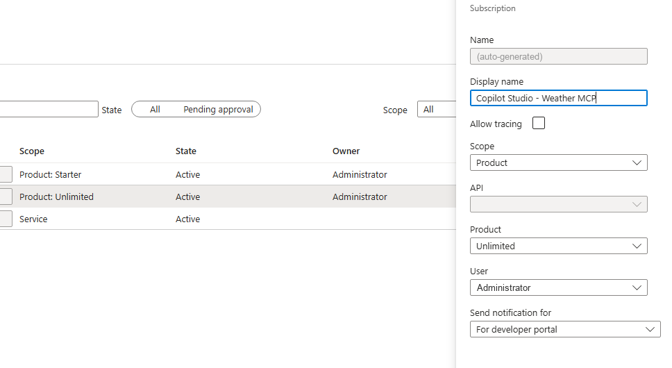 Creating an APIM subscription scoped to the product for Copilot Studio