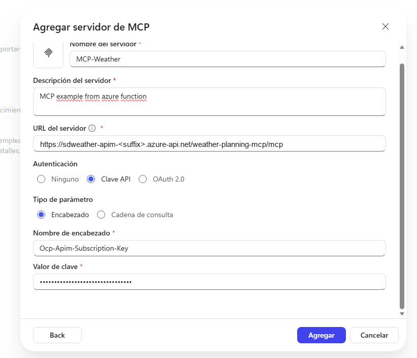 Add MCP server form with API key authentication in the Ocp-Apim-Subscription-Key header