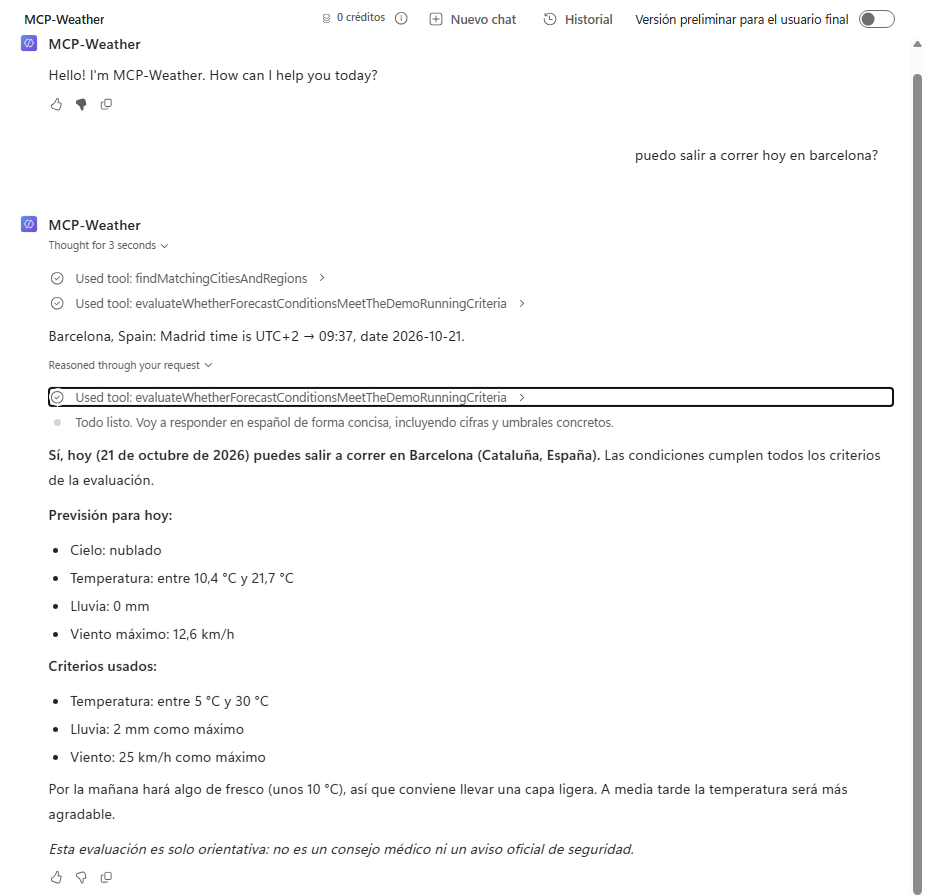 Copilot Studio test: the agent uses the MCP tools and answers with the running assessment